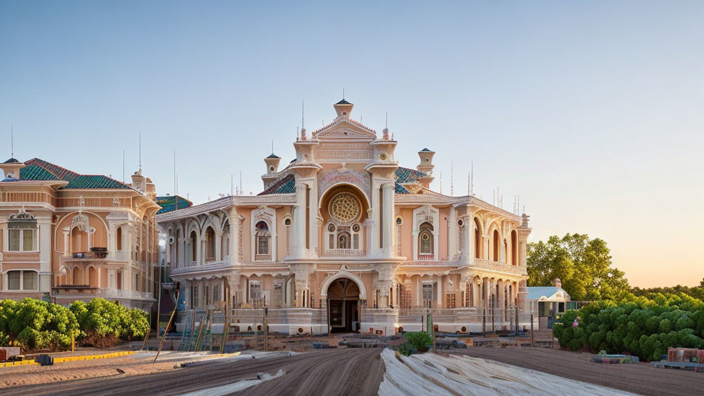 Classical architectural building with grand entrance and symmetrical wings at dusk