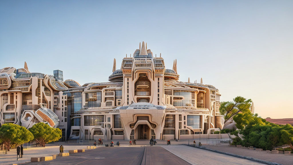 Unique Curving Architecture of Futuristic Building with Broad Pathway