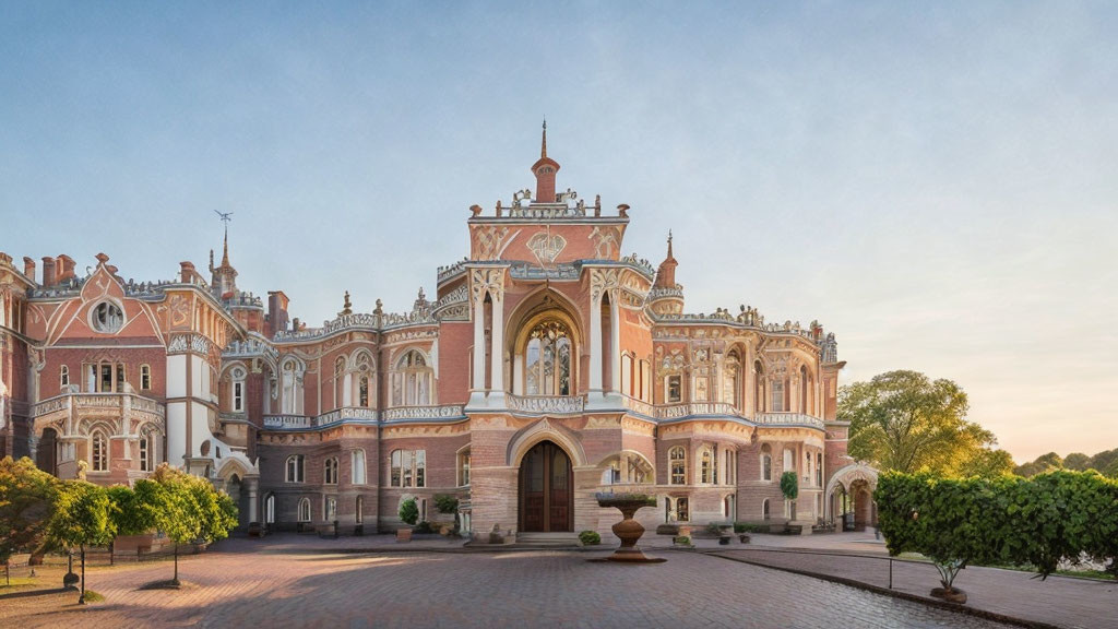 Victorian red-brick building with Gothic facade details at dusk