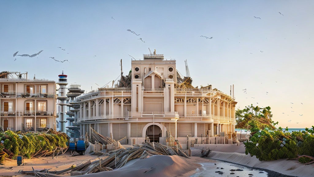 Abandoned classical building surrounded by nature and lighthouse scenery