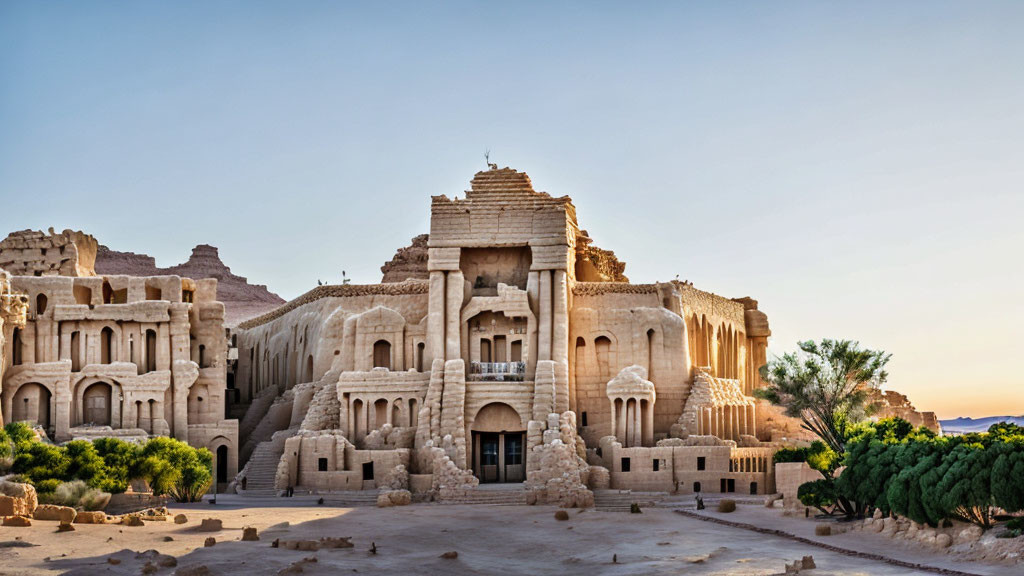 Intricate sandstone structures at sunrise or sunset in a desert landscape