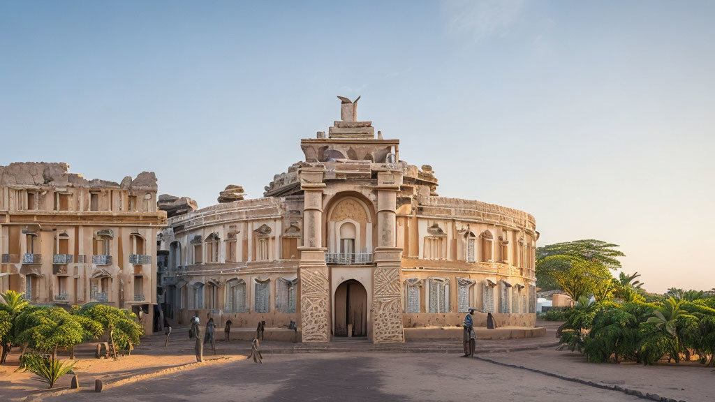 Colonial-era building with ornate facade and statue at sunset