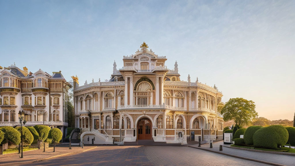 Baroque-style building with decorative façades and manicured shrubbery