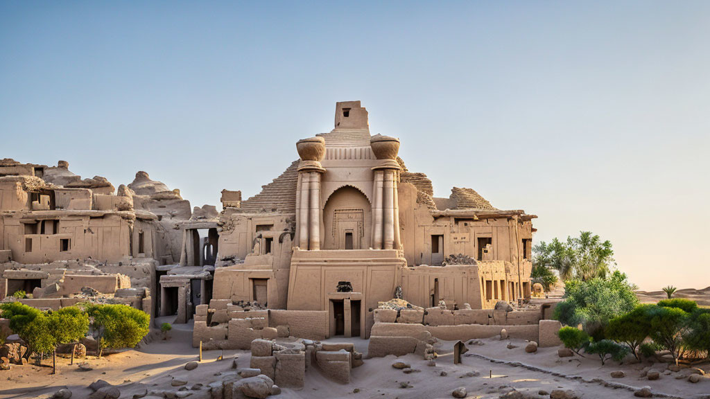 Ancient temple ruins with columns in desert landscape