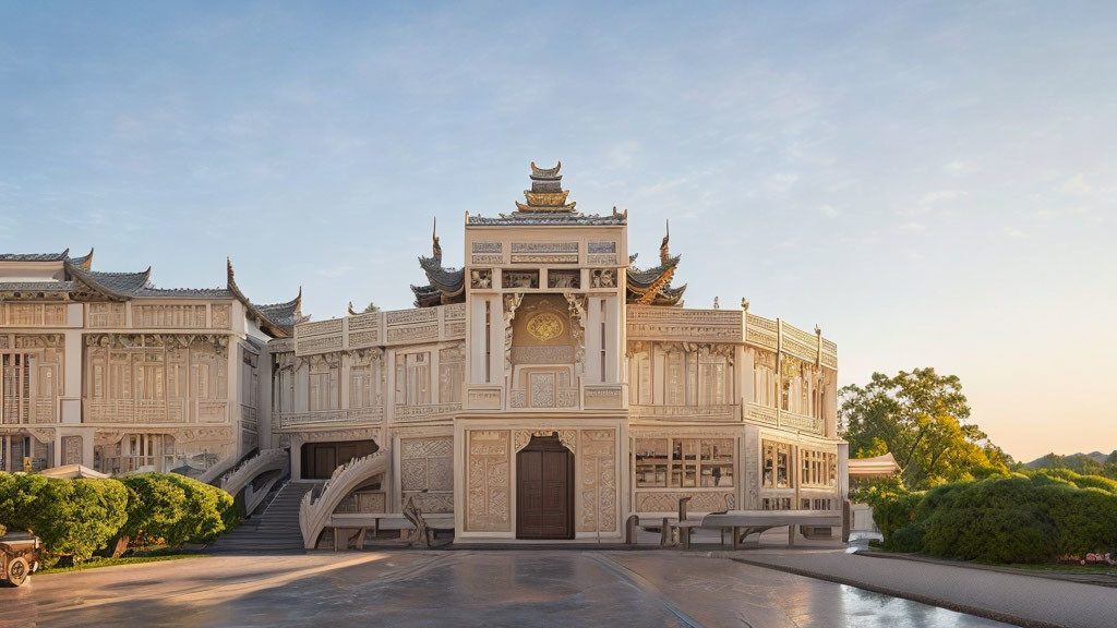 Traditional Asian-style building with intricate wooden carvings under clear sunrise or sunset sky