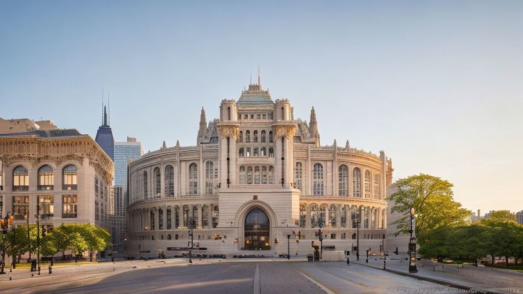 Historic building with arches and towers next to modern skyscrapers at dawn