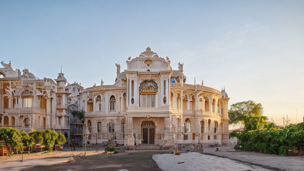 Ornate White Palace with Intricate Architecture and Green Surroundings