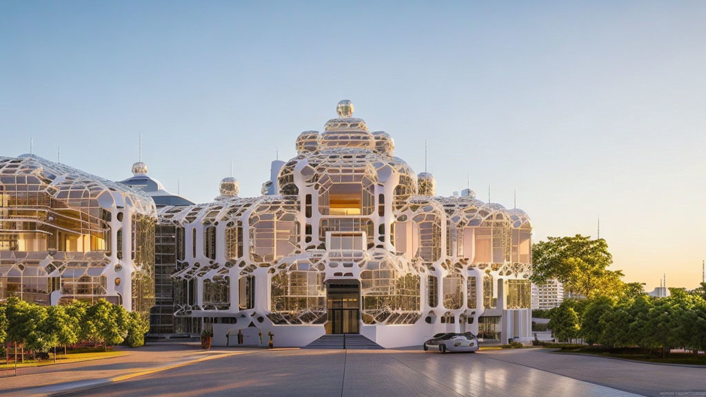 Contemporary building with white web-like exterior and glass domes at dusk or dawn