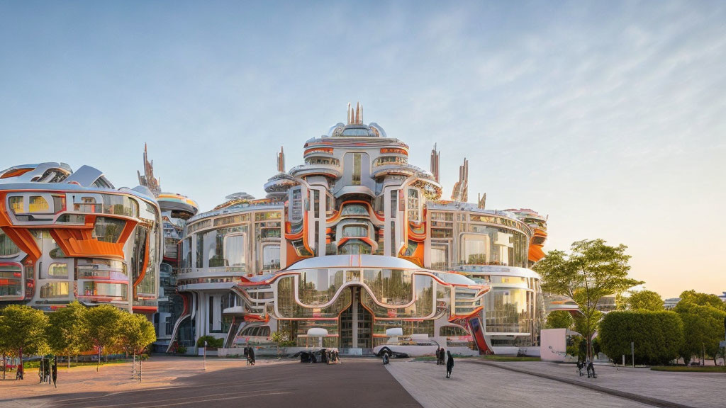 Modern futuristic building with orange and silver layers, glass windows, and green terraces.