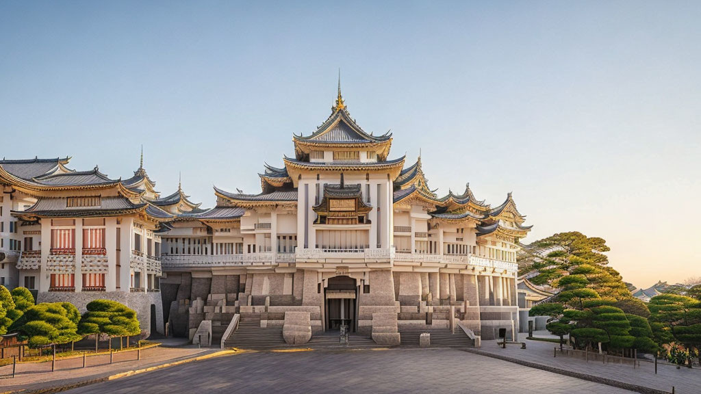 Traditional Japanese Castle with Ornate Roofs and Stone Steps