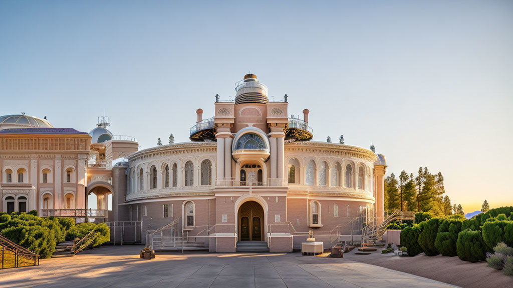 Classical architecture with central dome and arched windows in serene dusk setting