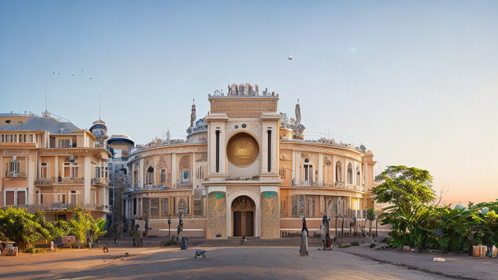 Historic building with blue domes and lush greenery at dusk