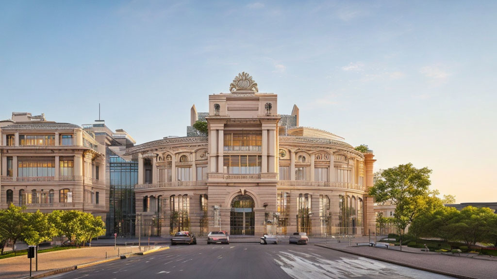 Grand building with central dome and columns at dusk, cars on street