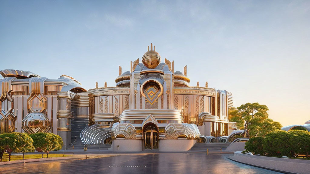 Ornate futuristic palace with golden-white architecture and domes