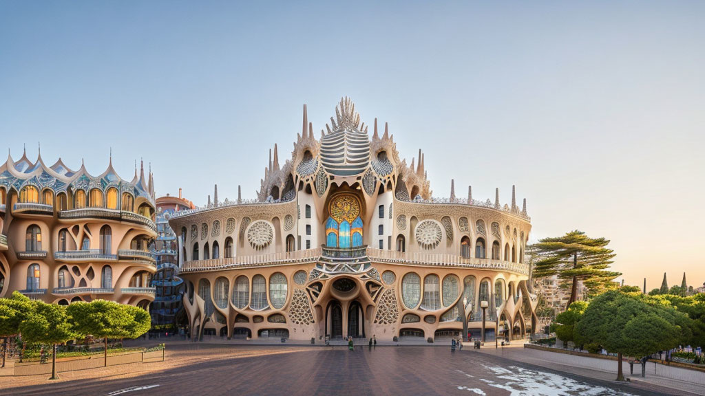 Ornate modern building with symmetrical designs and arched windows surrounded by trees and plaza