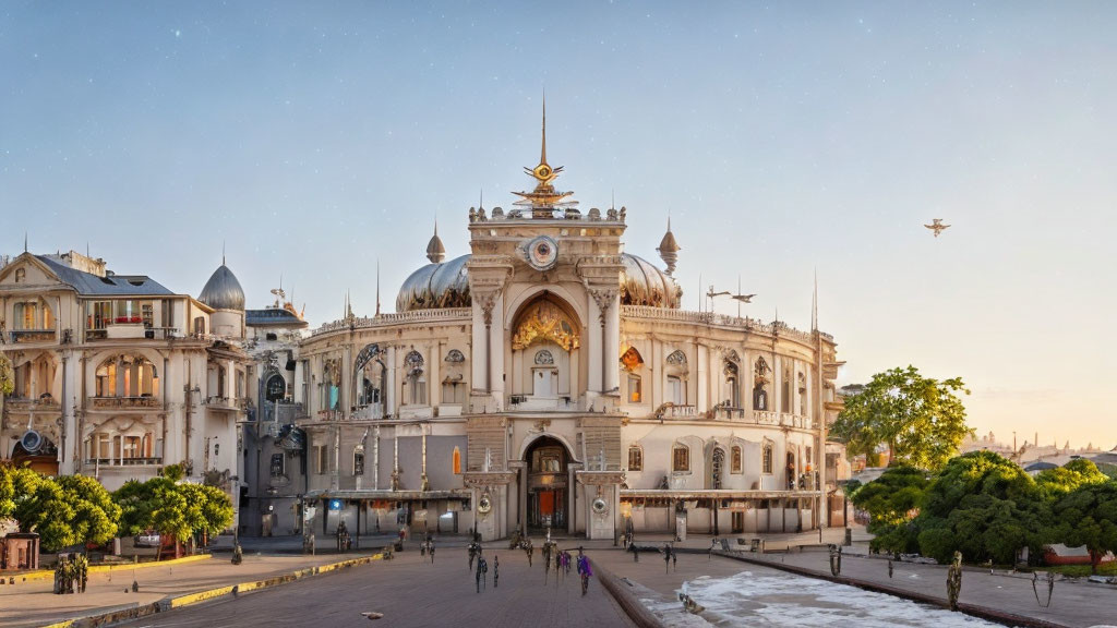 Ornate architecture at sunset with people and plane