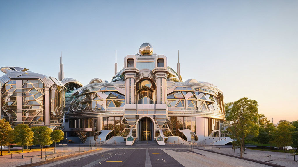 Futuristic glass domes and metallic building at sunrise