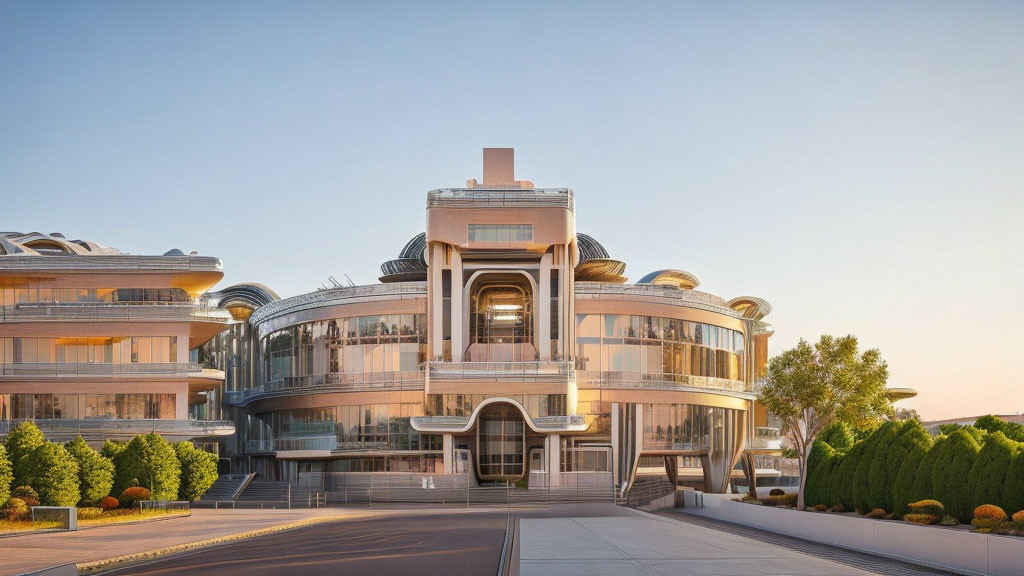 Circular Design Elements in Modern Building with Large Windows and Symmetrical Facade