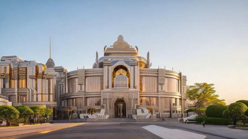 Symmetrical white building with domes and spires at dawn or dusk