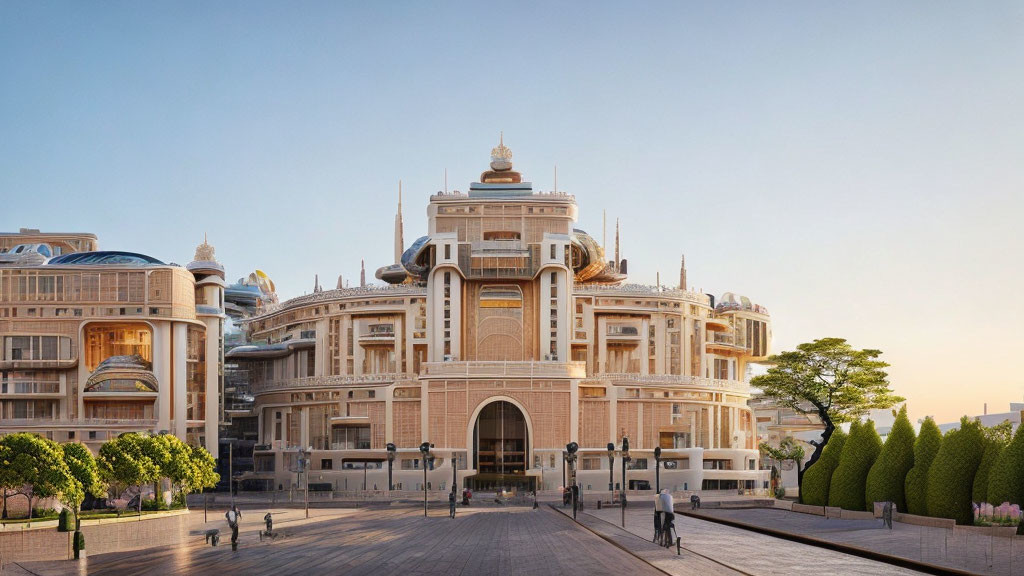 Neoclassical building with golden dome in landscaped surroundings