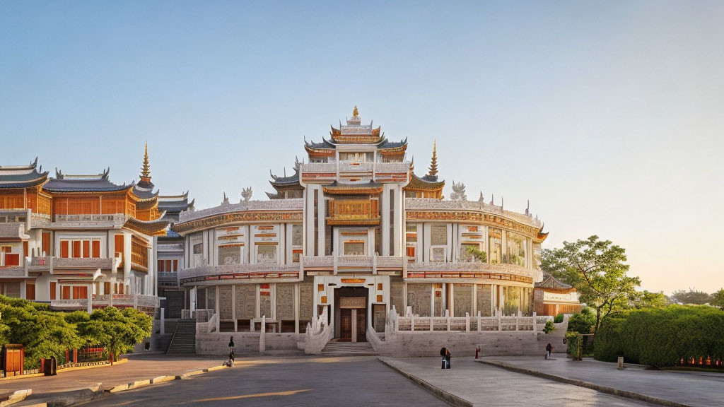 Traditional Asian Building with Ornate Details Against Blue Sky