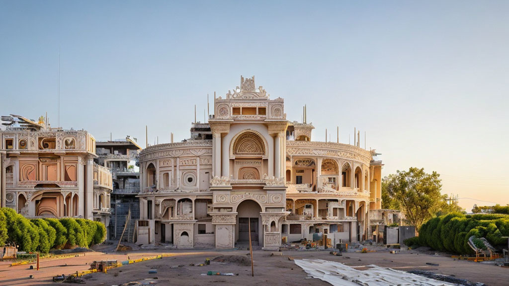 Intricate arches adorn classical building in bare courtyard at dusk