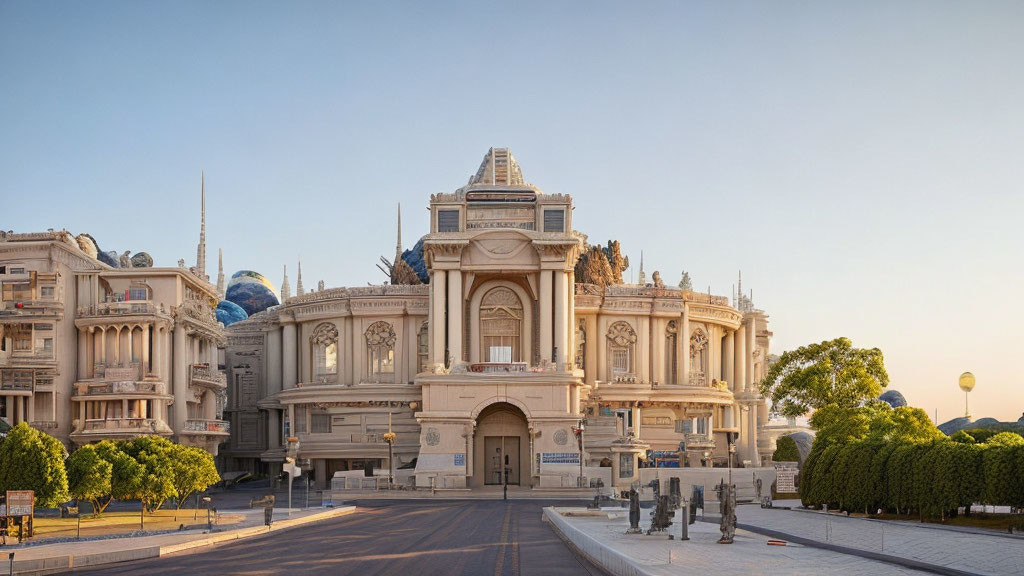 Neoclassical building with ornate facade under clear blue sky