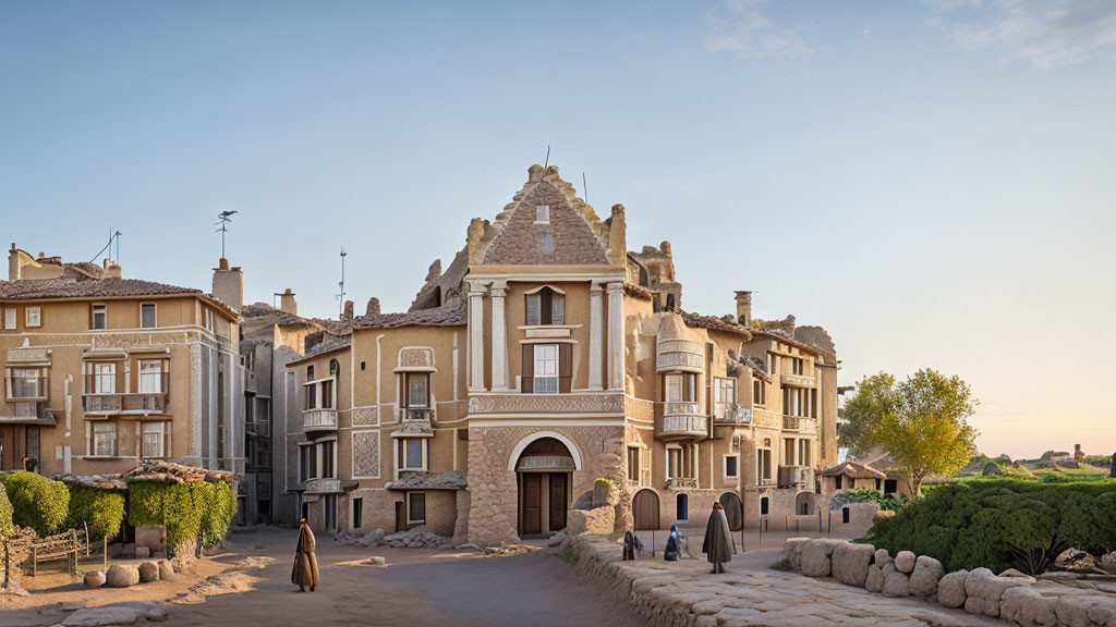 Historical stone building surrounded by trees and people walking on dusty road at golden hour