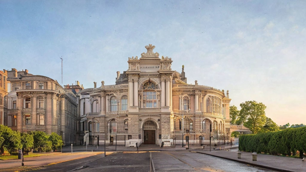 Ornate sculptures adorn historic European theater facade at sunrise