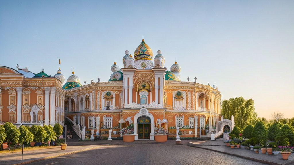 Ornate Building with Domed Towers and Intricate Patterns