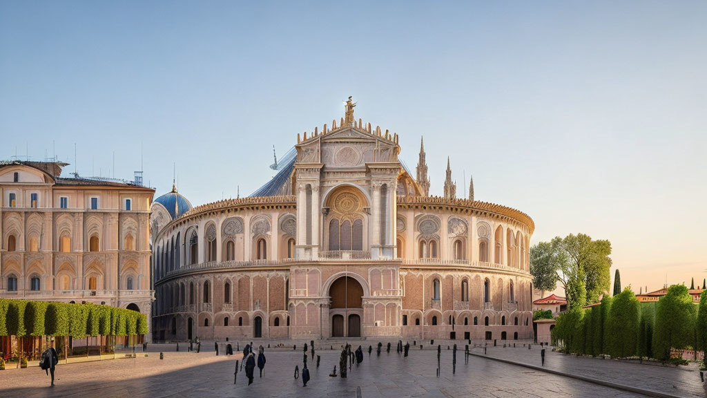 Ornate classical-style cathedral in expansive square with people under clear sky