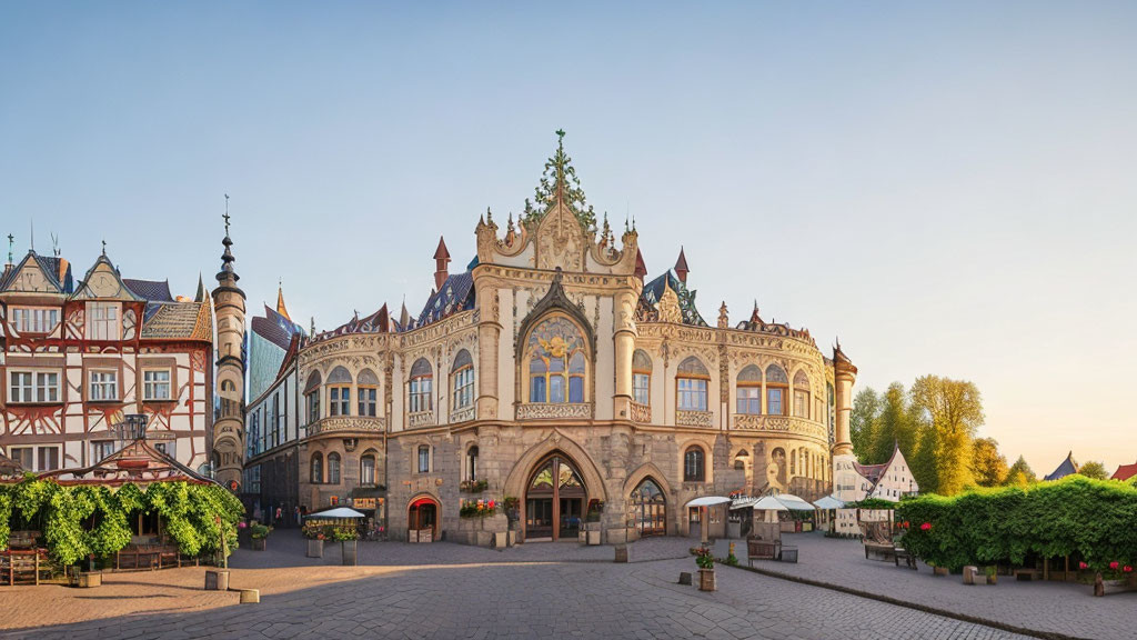 Historical Building with Spired Roof & Half-Timbered Houses