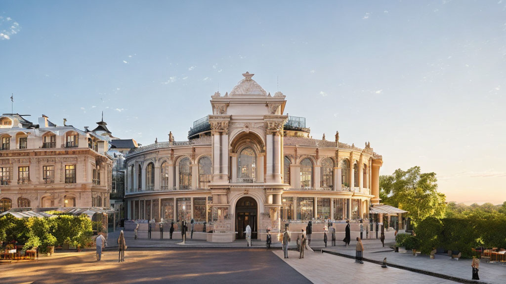 Classical-style building with ornate facade and large windows in urban setting