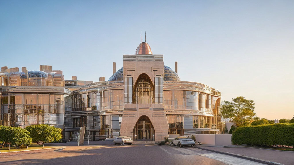 Symmetrical facade and dome structure of modern building at dusk