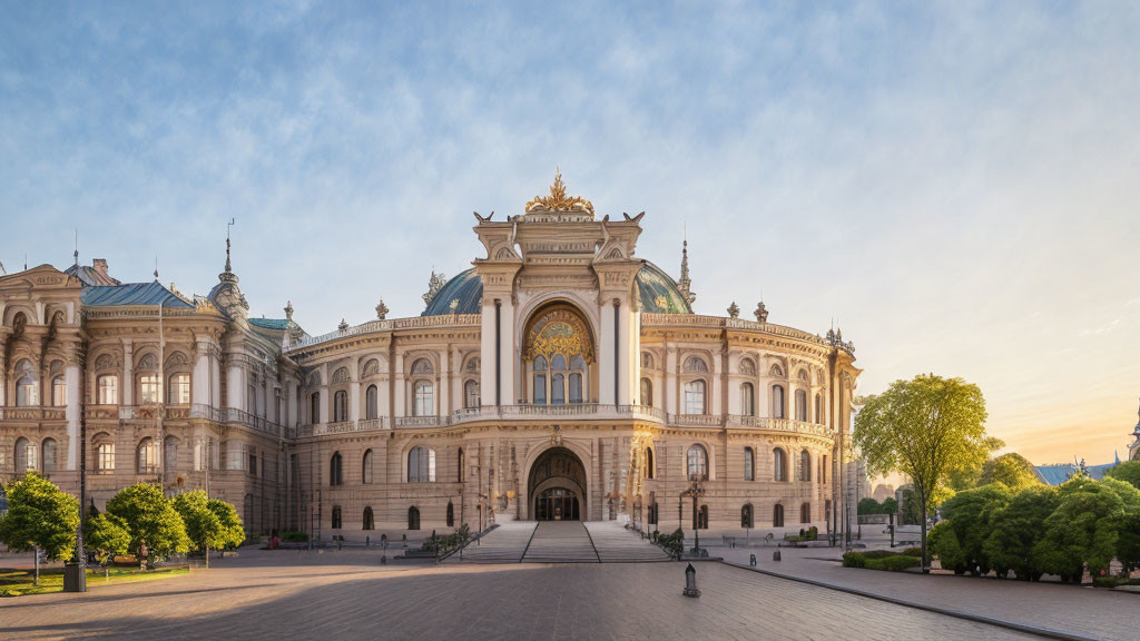 Neoclassical building with intricate façades and grand entrance under a blue sky at sunrise or sunset