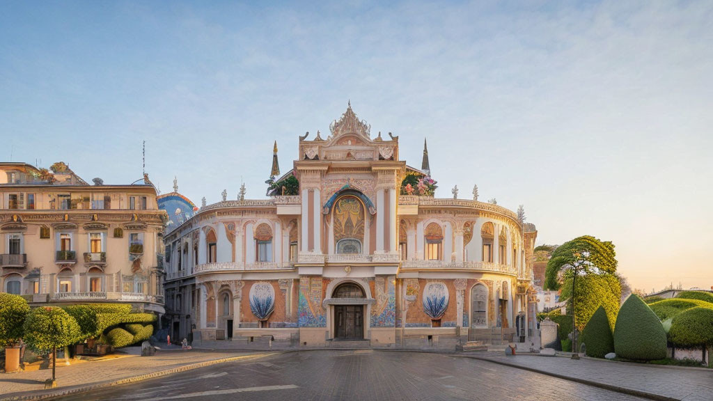 Elaborate classical building with arched windows on deserted street