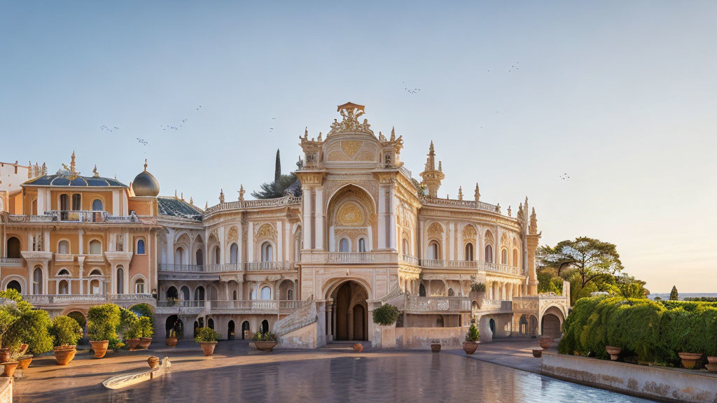 Elaborate palace with domes and gardens under clear sky