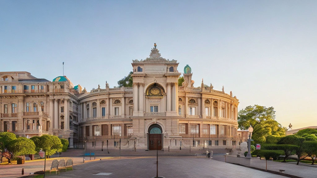 Classical building with statues, grand entrance under blue sky