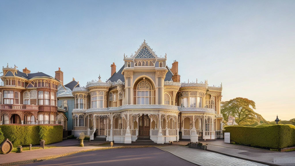 Victorian mansion with gabled roofs and front porch on clear day