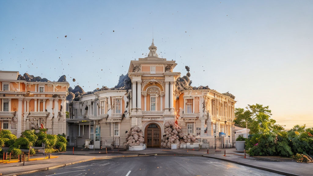 Historic building with classical architecture disintegrating in sunset sky