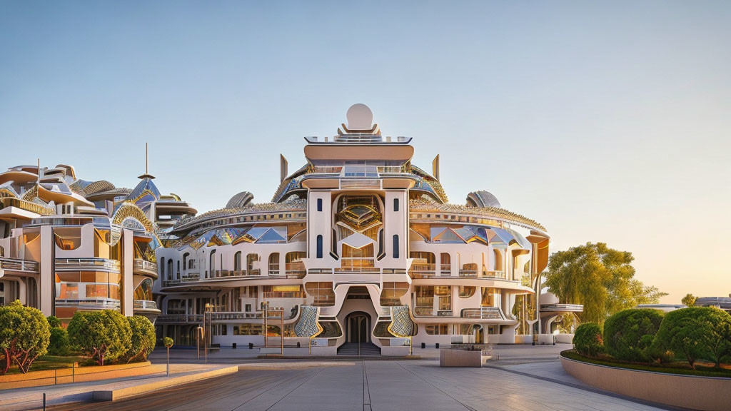 Futuristic building with elegant curves and domes at sunrise or sunset