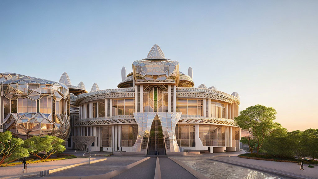 Symmetrical futuristic building with central dome and glass facades