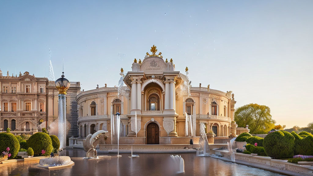 Ornate Palace with Horse Sculpture Fountain at Golden Hour