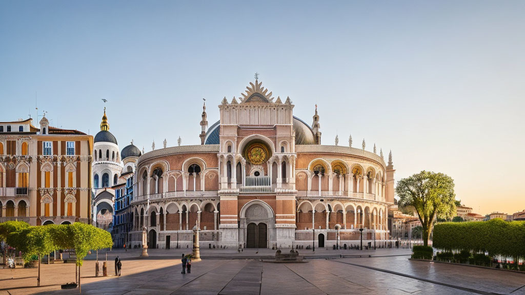 Panoramic view: Saint Mark's Basilica, Venice, elegant buildings, pedestrians