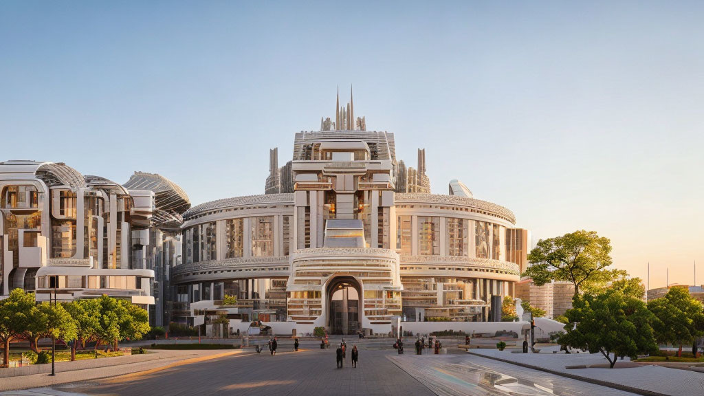 Modern multi-tiered building with intricate design details and curved structures, people walking nearby