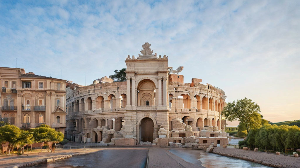 Ancient amphitheater with arches and stone carvings at sunset