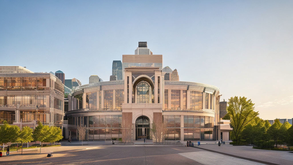 Contemporary architecture with central arch and glass facade under clear dusk sky