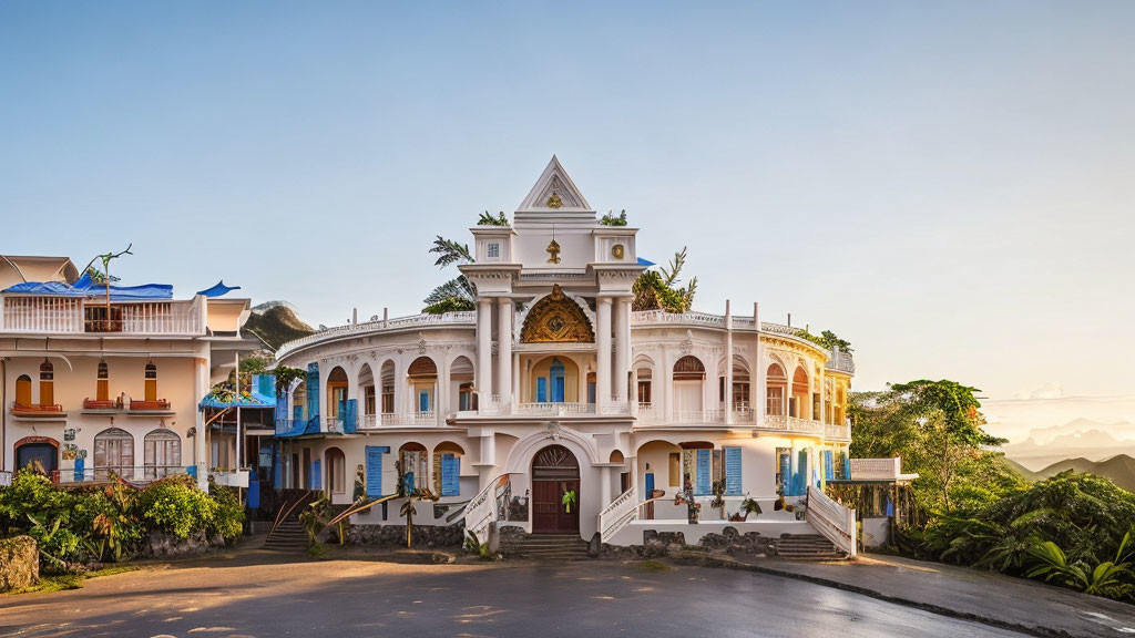 Colonial building with arched doorways and balconies in sunlight against lush hills