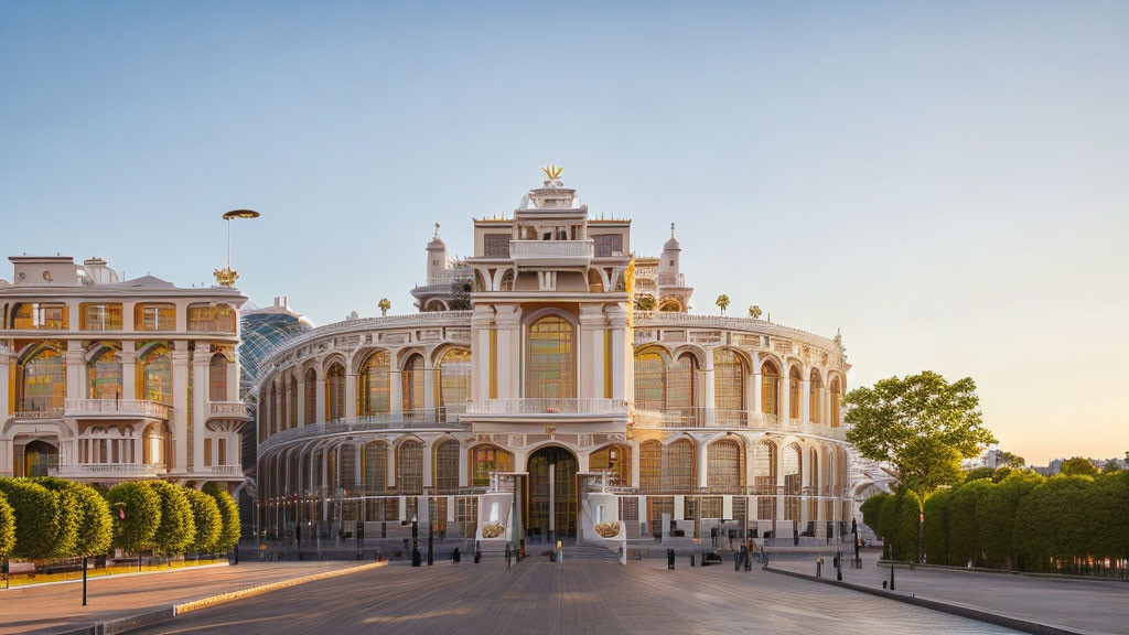 Historical building with ornate architecture in warm sunset light.