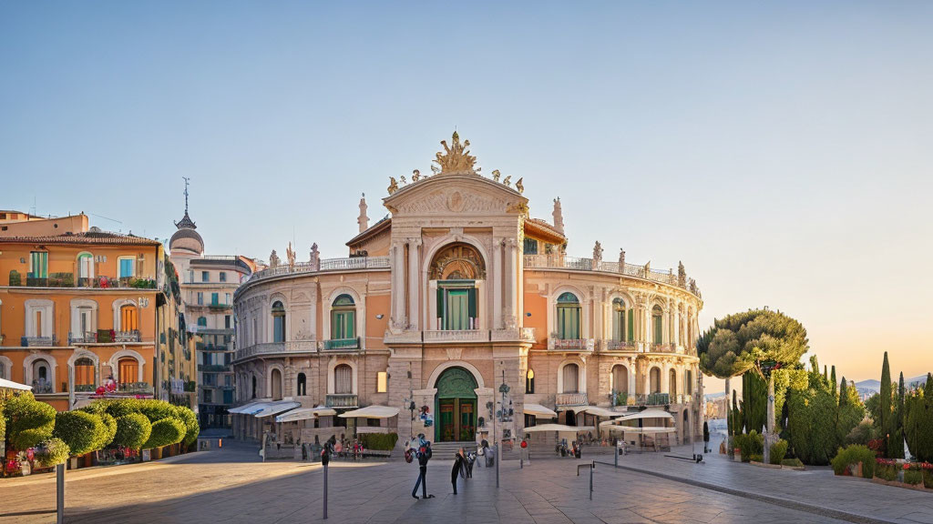 Neoclassical Building and Colorful European-Style Buildings in Town Square